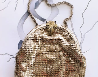 Vintage Whiting and Davis 50's gold tone & silver mesh evening purse with flower clasp