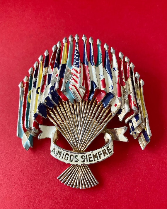 Vintage Coro Amigos Siempre Flags Brooch, Lester Gaba 1941 Design