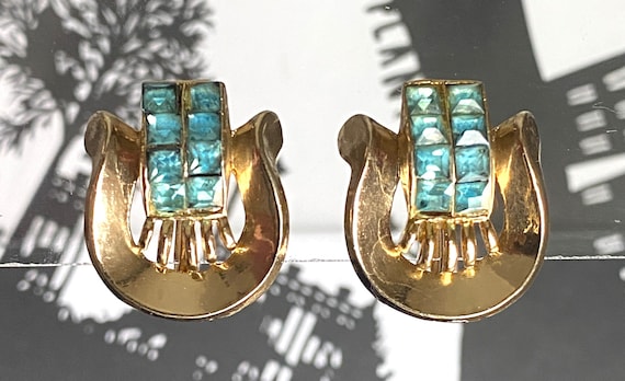 Vintage Coro Lyre Earrings, Blue Rhinestone Gold Tone Jewelry