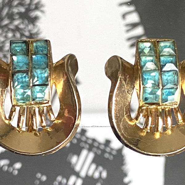 Vintage earrings signed Coro gold tone lyre shaped blue rhinestones back screws Art Deco jewelry