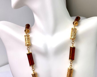 Vintage necklace signed Sarah Cov.  barrels beads gold tone & brown 1970 Coventry necklace