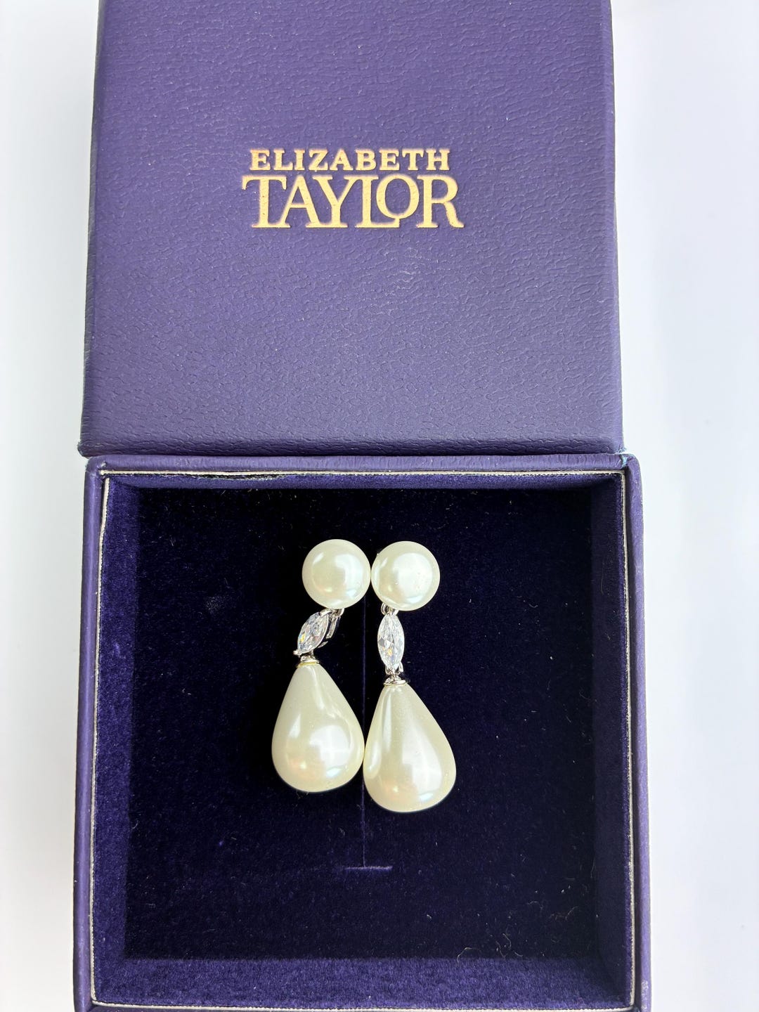 Redrop Elizabeth Elizabeth Taylor Signed Pearl Drop Earrings Marquise CZ 1.35” Silver ...