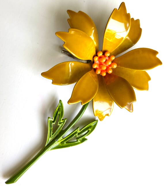 Vintage enamel flower brooch yellow mustard retro… - image 2