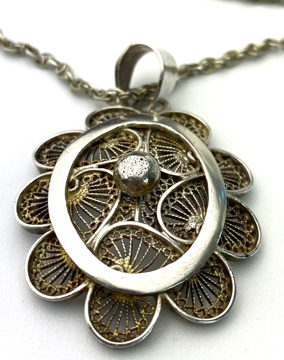 Silver filigree pendant necklace- Flower silver p… - image 3