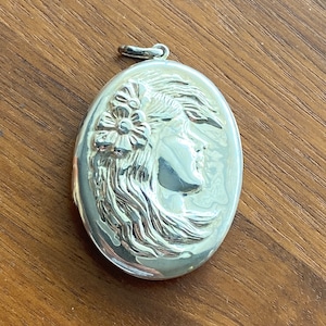 Antique Art Nouveau Sterling Silver Locket- Embossed Maiden Design Charm locket- Vintage Locket pendant