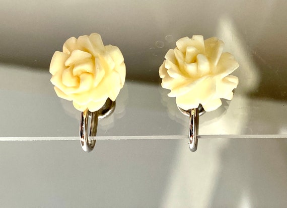 Vintage Sterling Beau celluloid rose earrings sig… - image 4