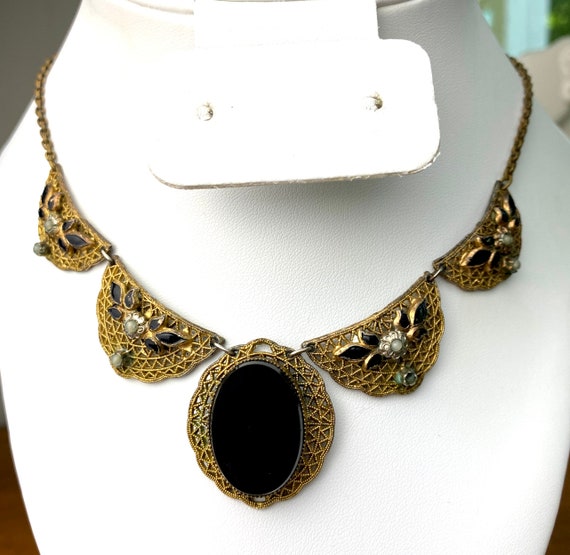 Vintage antique Victorian necklace brass filigree… - image 1