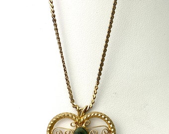 Vintage heart pendant necklace- 14k gold filled and green stone heart pendant- Retro vintage heart necklace.