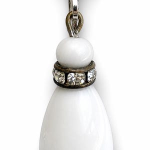 Signed Coro Vintage White Milk Glass Drop Earrings | Crystal Rhinestone Rondelle | Screw Back 1950s MCM