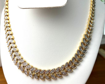 Graduate leaves necklace gold tone and cubic zirconia bridal necklace