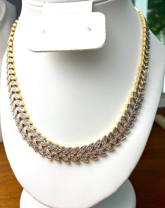 Graduate leaves necklace gold tone and cubic zirc… - image 1