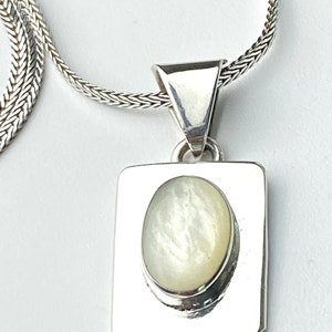 Silver sterling moon stone pendant necklace modernist rectangular vintage jewelry