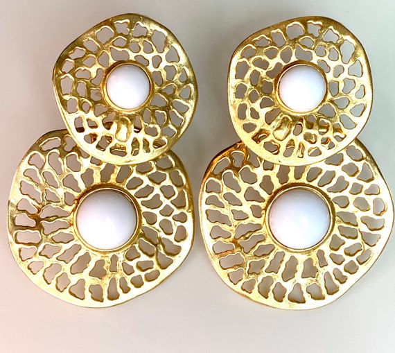Fabulous oversized earrings gold tone dangle extr… - image 1