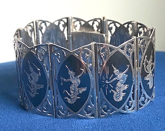 Vintage Siam Niello Sterling Silver Bracelet | Thai Goddess Filigree Link Bracelet | Marked Siam 925 | Statement Jewelry