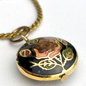 Vintage cloisonne pendant floral & butterfly design puffy round pendant necklace 1970&#39;s look