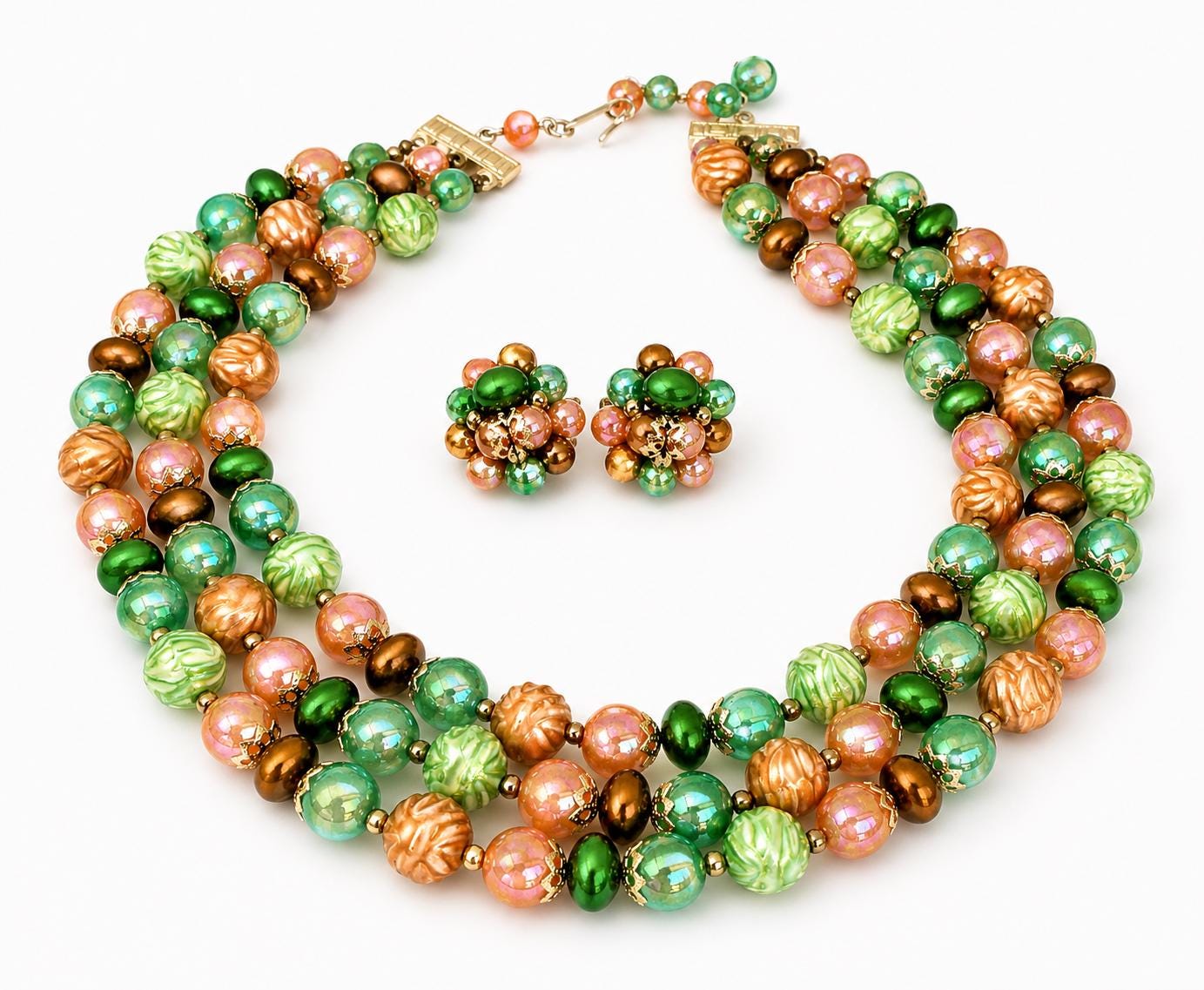 Vintage Signed Japan Triple Strand Iridescent Bead Necklace