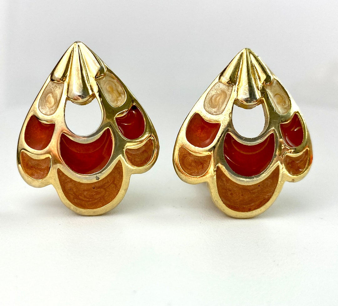Vintage Earrings Signed Allison Reed Earth Tone Enamel Clip on Earrings