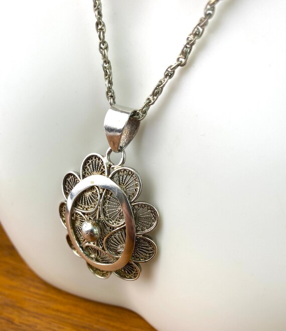 Silver filigree pendant necklace- Flower silver p… - image 2