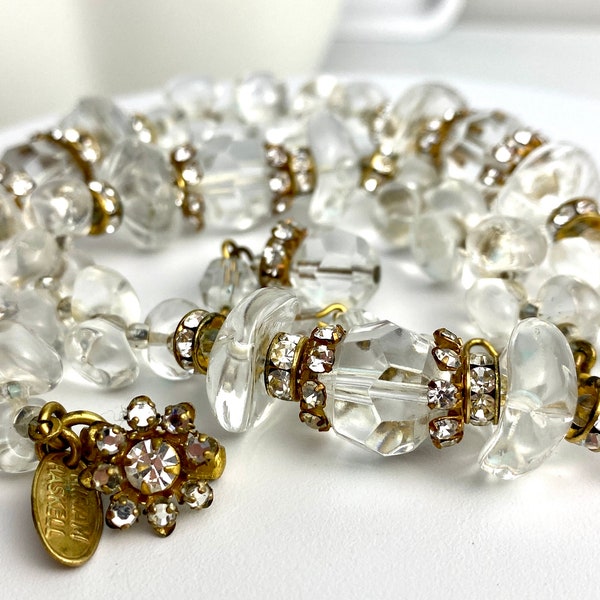 Rare vintage Miriam Haskell clear art glass beads choker necklace rhinestones