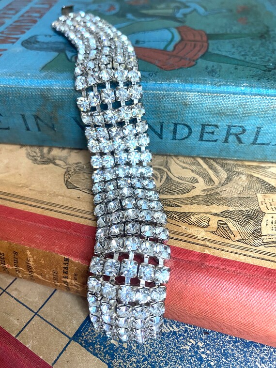 Vintage mid century clear rhinestones wide bracele