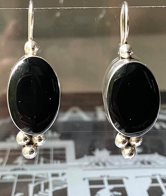 Vintage Sterling Mexico  black onyx stone drop ea… - image 1