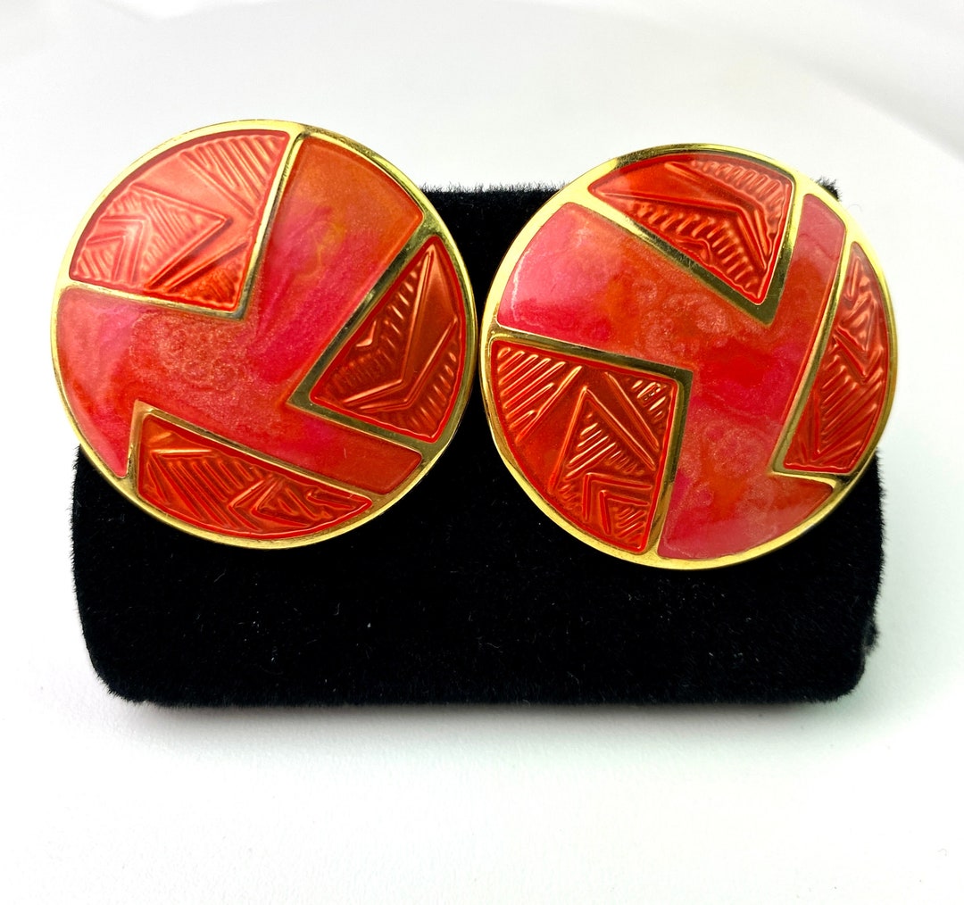 Vintage Edgar Berebi Coral Enamel Round Geometric Pierced Earrings - Etsy