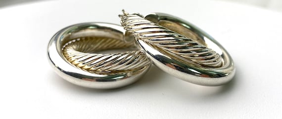 Vintage sterling silver hoops earrings double hoo… - image 1
