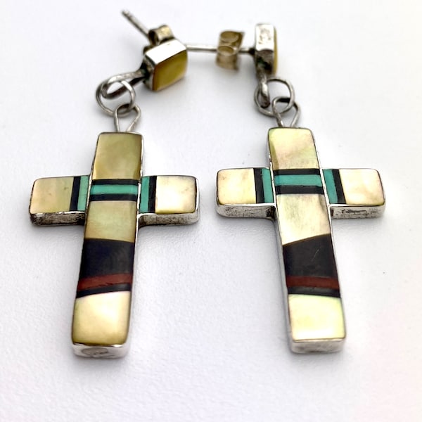 Vintage signed Zuni sterling dangle cross earrings inlay mother of pearls native American jewelry