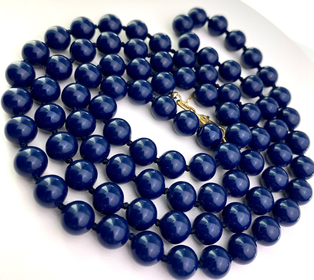 Vintage Glass Beads Necklace Signed Deep Blue 16.5 Long Necklace Etsy