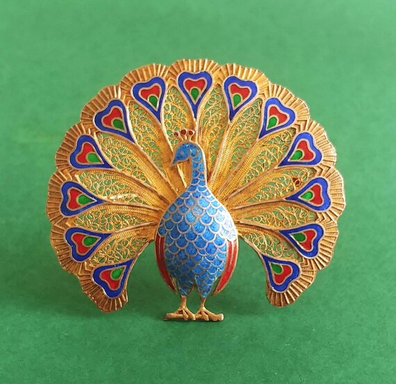 Vintage colorful peacock brooch vermeil filigree