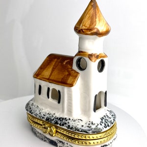 Vintage ceramic trinket box hand painted church unsigned
