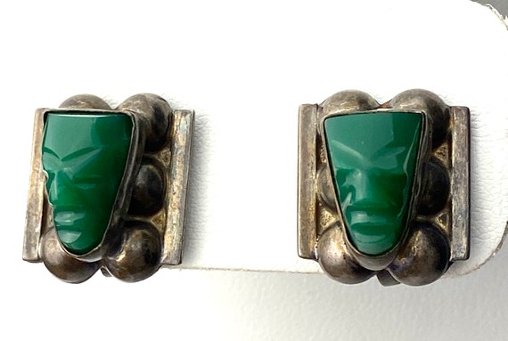 Vintage Mayan sterling green onyx screw back earr… - image 1