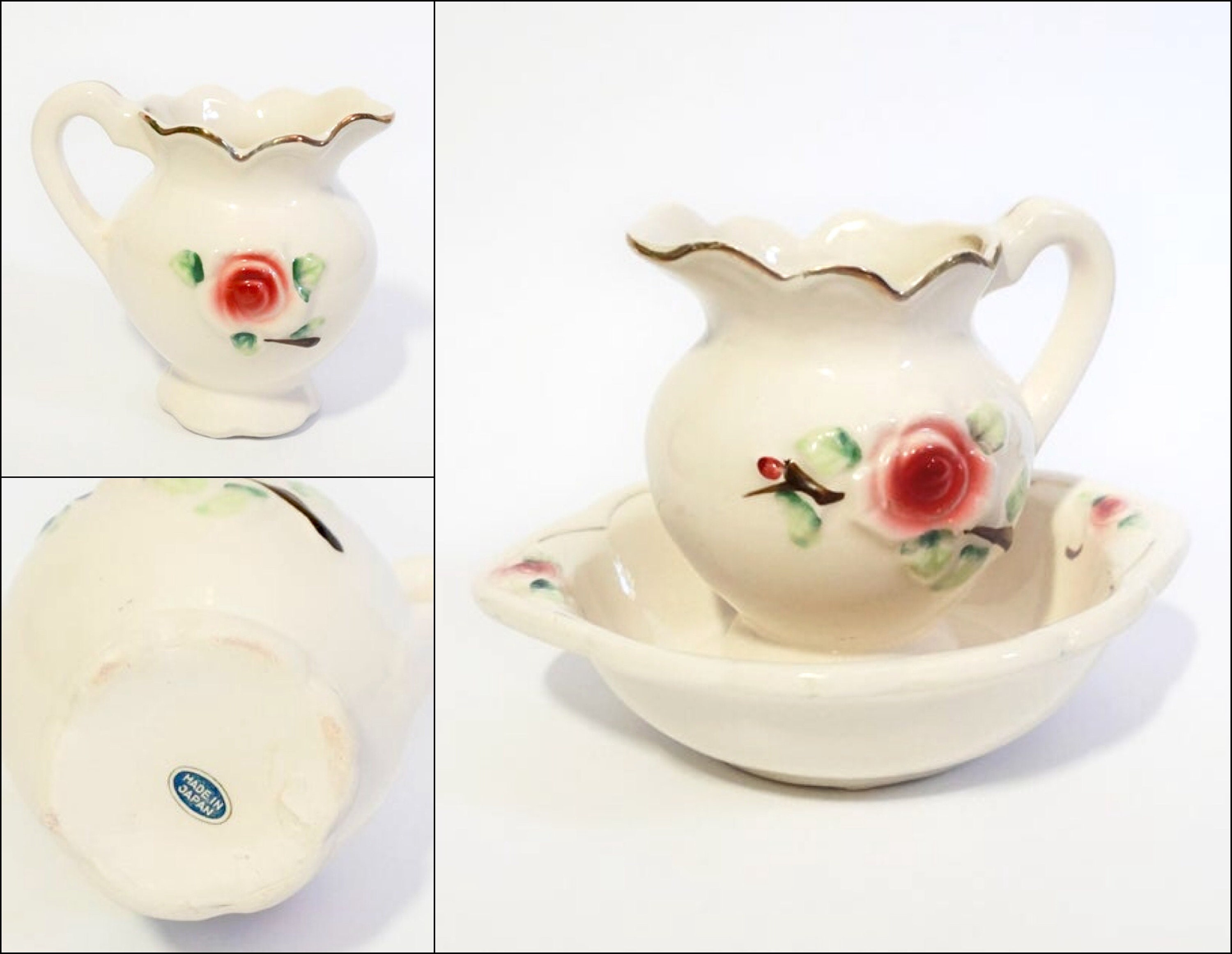 Vintage Japan Creamer/Pitcher With Bowl Small Floral & Gold Etsy