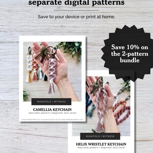 May include: Two digital macrame patterns are shown, including a Camellia keychain and a Helix wristlet keychain. The text reads "Your download contains 2 separate digital patterns" and "Save 10% on the 2-pattern bundle."