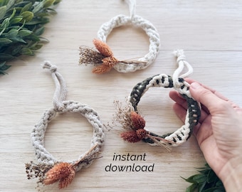 Macrame Pattern PDF | DIY Christmas Craft Ideas | Ornament Tutorial | Download w/ Pictures | Easy Beginner Craft | Mini Wreath with Florals