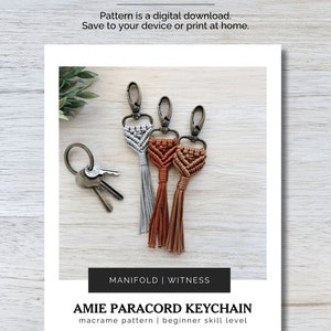 May include: Three macrame keychain patterns with tassels in grey, orange, and brown. The keychains are made with paracord and have a metal key ring. The image includes the text "AMIE PARACORD KEYCHAIN macrame pattern | beginner skill level".