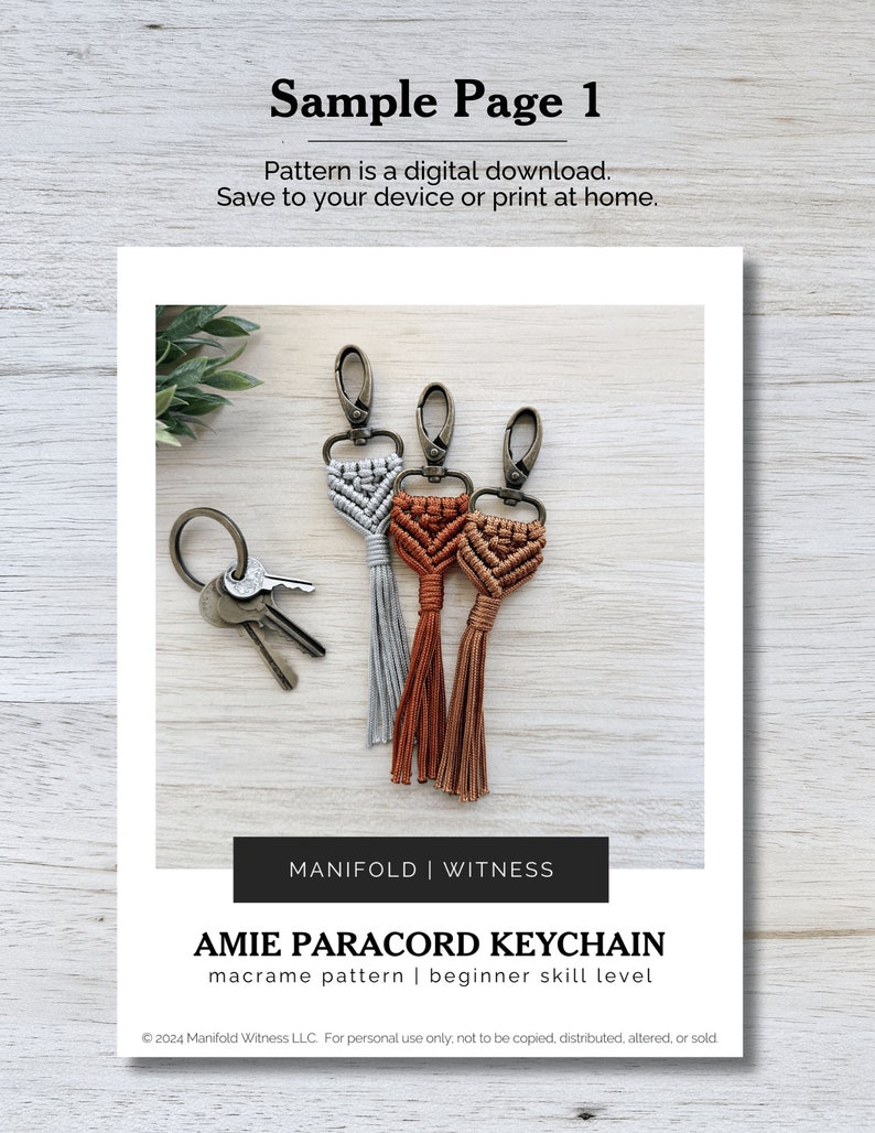 May include: Three macrame keychain patterns with tassels in grey, orange, and brown. The keychains are made with paracord and have a metal key ring. The image includes the text "AMIE PARACORD KEYCHAIN macrame pattern | beginner skill level".
