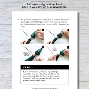 May include: A step-by-step guide on how to tie a wrap knot using a green cord. The instructions include a close-up image of each step, with text explaining the process. The text includes the phrase "MW TIP" and a tip for tying the knot.