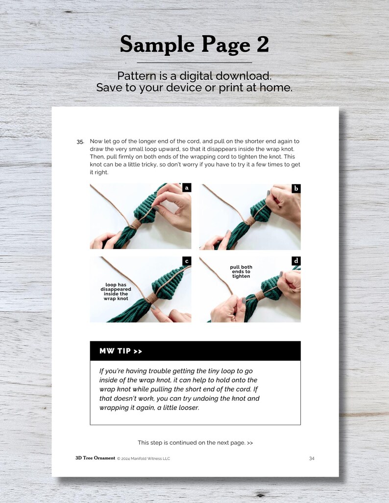 May include: A step-by-step guide on how to tie a wrap knot using a green cord. The instructions include a close-up image of each step, with text explaining the process. The text includes the phrase "MW TIP" and a tip for tying the knot.