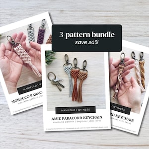 May include: Three macrame keychain pattern bundles are displayed, each with a different design and color scheme. The patterns include the "Morocco Paracord" and "Amie Paracord Keychain" designs. The bundle is advertised as saving 20%.