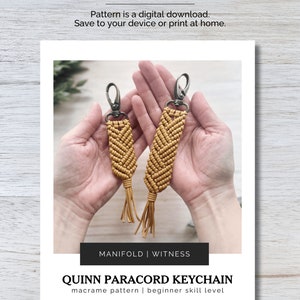 May include: Two yellow macrame keychain patterns with metal key rings. The pattern is called "Quinn Paracord Keychain" and is a beginner skill level macrame pattern. The text "Manifold | Witness" is also included in the image.