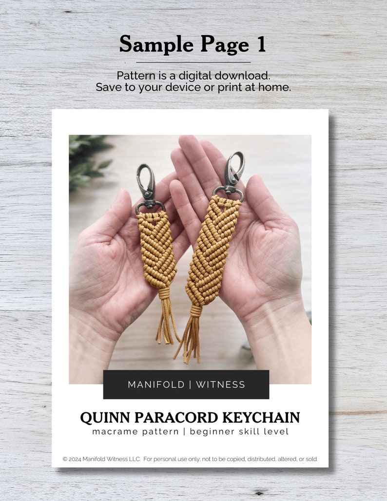 May include: Two yellow macrame keychain patterns with metal key rings. The pattern is called "Quinn Paracord Keychain" and is a beginner skill level macrame pattern. The text "Manifold | Witness" is also included in the image.
