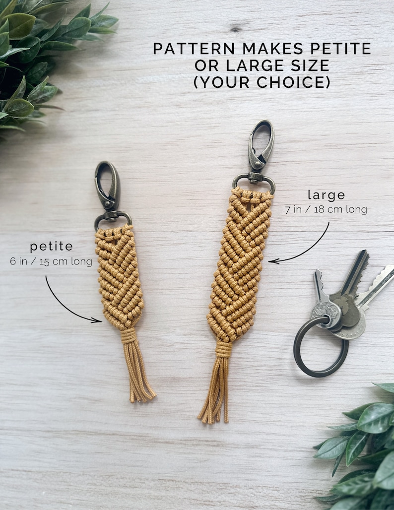 May include: Two macrame keychains, one in a petite size measuring 6 inches or 15 centimeters long and one in a large size measuring 7 inches or 18 centimeters long. Both keychains are made with a mustard yellow cord and have a tassel at the bottom.