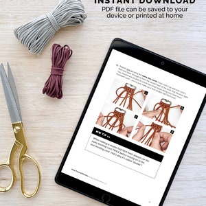 May include: A digital tablet displaying a brown leather cord knotting pattern with instructions on how to make a double half hitch knot. The text on the screen reads "PATTERN IS AN INSTANT DOWNLOAD PDF file can be saved to your device or printed at home".