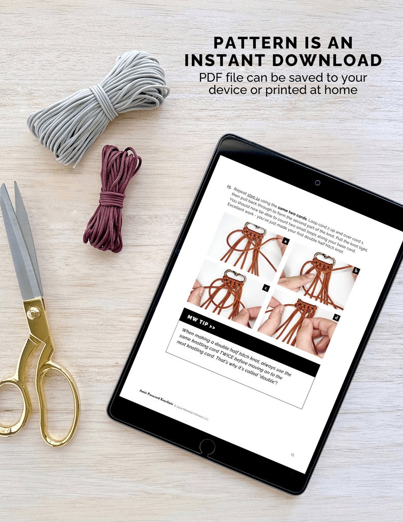 May include: A digital tablet displaying a brown leather cord knotting pattern with instructions on how to make a double half hitch knot. The text on the screen reads "PATTERN IS AN INSTANT DOWNLOAD PDF file can be saved to your device or printed at home".