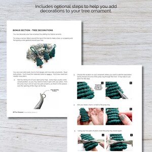 May include: Instructions for adding decorations to a green yarn Christmas tree ornament. The instructions include images showing how to use pliers to attach a jump ring to the ornament and then add a bead, charm, or bell to the jump ring.