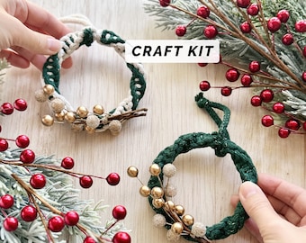 DIY Christmas Ornament Kit | Mini Wreath | Macrame Christmas Ornaments Set of 2 | Pattern & Tutorial | DIY Holiday Craft Ideas