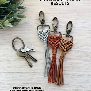 May include: Three macrame keychains with tassels in silver and copper colours. The keychains are attached to silver key rings. The image text reads "FINISHED PATTERN RESULTS" and "CHOOSE YOUR OWN COLORS AND MATERIALS TO WORK WITH".