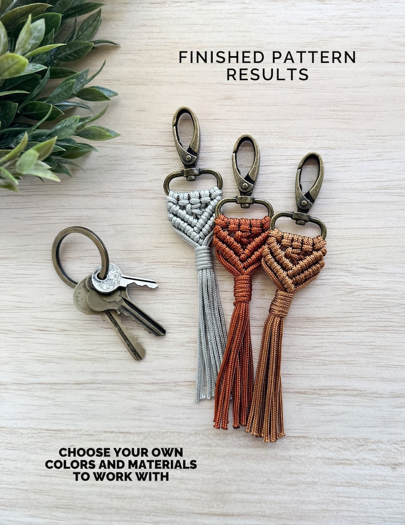 May include: Three macrame keychains with tassels in silver and copper colours. The keychains are attached to silver key rings. The image text reads "FINISHED PATTERN RESULTS" and "CHOOSE YOUR OWN COLORS AND MATERIALS TO WORK WITH".
