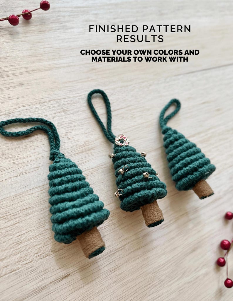 May include: Three green yarn Christmas tree ornaments with bells and a red and white wreath on the top. The ornaments have a brown yarn base and a loop for hanging.